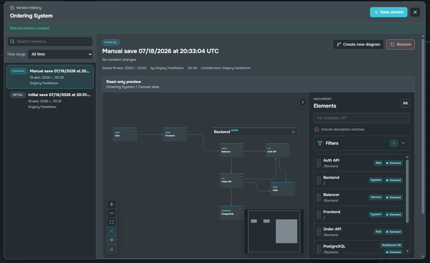 Version history with preview and restore actions